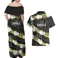 Born And Raised Aloha Hawaii Couples Matching Off Shoulder Maxi Dress and Hawaiian Shirt Kanaka Kakau Hawaiian Tiare Pakalana Lei - Polynesian Pride