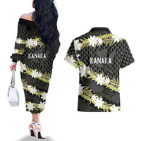 Born And Raised Aloha Hawaii Couples Matching Off The Shoulder Long Sleeve Dress and Hawaiian Shirt Kanaka Kakau Hawaiian Tiare Pakalana Lei - Polynesian Pride