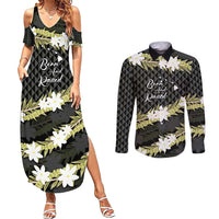 Born And Raised Aloha Hawaii Couples Matching Summer Maxi Dress and Long Sleeve Button Shirt Kanaka Kakau Hawaiian Tiare Pakalana Lei - Polynesian Pride