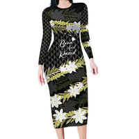 Born And Raised Aloha Hawaii Long Sleeve Bodycon Dress Kanaka Kakau Hawaiian Tiare Pakalana Lei - Polynesian Pride