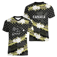 Born And Raised Aloha Hawaii Women V-Neck T-Shirt Kanaka Kakau Hawaiian Tiare Pakalana Lei - Polynesian Pride