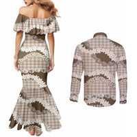Brown Hawaii Tiare and Shell Lei Couples Matching Mermaid Dress and Long Sleeve Button Shirt Hawaiian Palaka Luxury Vibes - Polynesian Pride