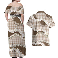 Brown Hawaii Tiare and Shell Lei Couples Matching Off Shoulder Maxi Dress and Hawaiian Shirt Hawaiian Palaka Luxury Vibes - Polynesian Pride