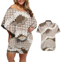 Brown Hawaii Tiare and Shell Lei Couples Matching Off Shoulder Short Dress and Hawaiian Shirt Hawaiian Palaka Luxury Vibes - Polynesian Pride