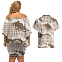 Brown Hawaii Tiare and Shell Lei Couples Matching Off Shoulder Short Dress and Hawaiian Shirt Hawaiian Palaka Luxury Vibes - Polynesian Pride