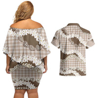 Brown Hawaii Tiare and Shell Lei Couples Matching Off Shoulder Short Dress and Hawaiian Shirt Hawaiian Palaka Luxury Vibes - Polynesian Pride