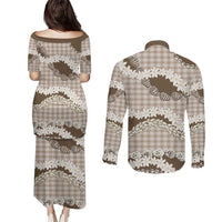 Brown Hawaii Tiare and Shell Lei Couples Matching Puletasi and Long Sleeve Button Shirt Hawaiian Palaka Luxury Vibes LT14 - Polynesian Pride
