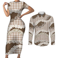 Brown Hawaii Tiare and Shell Lei Couples Matching Short Sleeve Bodycon Dress and Long Sleeve Button Shirt Hawaiian Palaka Luxury Vibes - Polynesian Pride
