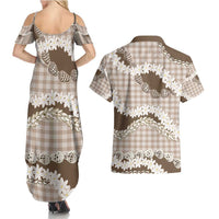 Brown Hawaii Tiare and Shell Lei Couples Matching Summer Maxi Dress and Hawaiian Shirt Hawaiian Palaka Luxury Vibes - Polynesian Pride