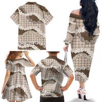Brown Hawaii Tiare and Shell Lei Family Matching Off The Shoulder Long Sleeve Dress and Hawaiian Shirt Hawaiian Palaka Luxury Vibes - Polynesian Pride