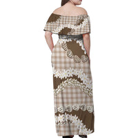 Brown Hawaii Tiare and Shell Lei Family Matching Off Shoulder Maxi Dress and Hawaiian Shirt Hawaiian Palaka Luxury Vibes - Polynesian Pride