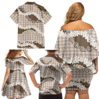 Brown Hawaii Tiare and Shell Lei Family Matching Off Shoulder Short Dress and Hawaiian Shirt Hawaiian Palaka Luxury Vibes - Polynesian Pride