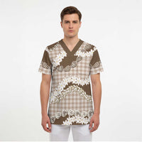 Brown Hawaii Tiare and Shell Lei Scrub Top Hawaiian Palaka Luxury Vibes LT14 - Polynesian Pride
