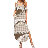 Brown Hawaii Tiare and Shell Lei Summer Maxi Dress Hawaiian Palaka Luxury Vibes - Polynesian Pride