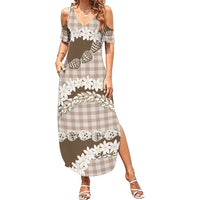 Brown Hawaii Tiare and Shell Lei Summer Maxi Dress Hawaiian Palaka Luxury Vibes LT14 Women Brown - Polynesian Pride