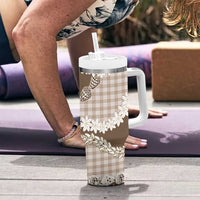 Brown Hawaii Tiare and Shell Lei Tumbler With Handle Hawaiian Palaka Luxury Vibes - Polynesian Pride