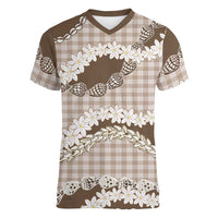 Brown Hawaii Tiare and Shell Lei Women V-Neck T-Shirt Hawaiian Palaka Luxury Vibes - Polynesian Pride