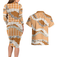 Orange Hawaii Tiare and Shell Lei Couples Matching Long Sleeve Bodycon Dress and Hawaiian Shirt Hawaiian Palaka Luxury Vibes - Polynesian Pride