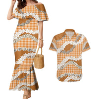 Orange Hawaii Tiare and Shell Lei Couples Matching Mermaid Dress and Hawaiian Shirt Hawaiian Palaka Luxury Vibes - Polynesian Pride