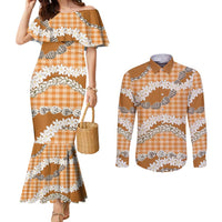 Orange Hawaii Tiare and Shell Lei Couples Matching Mermaid Dress and Long Sleeve Button Shirt Hawaiian Palaka Luxury Vibes - Polynesian Pride