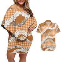 Orange Hawaii Tiare and Shell Lei Couples Matching Off Shoulder Short Dress and Hawaiian Shirt Hawaiian Palaka Luxury Vibes - Polynesian Pride