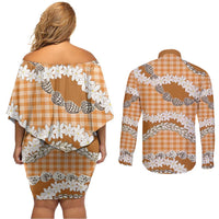 Orange Hawaii Tiare and Shell Lei Couples Matching Off Shoulder Short Dress and Long Sleeve Button Shirt Hawaiian Palaka Luxury Vibes - Polynesian Pride