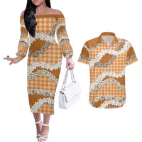 Orange Hawaii Tiare and Shell Lei Couples Matching Off The Shoulder Long Sleeve Dress and Hawaiian Shirt Hawaiian Palaka Luxury Vibes - Polynesian Pride