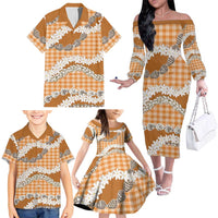 Orange Hawaii Tiare and Shell Lei Family Matching Off The Shoulder Long Sleeve Dress and Hawaiian Shirt Hawaiian Palaka Luxury Vibes - Polynesian Pride