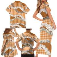 Orange Hawaii Tiare and Shell Lei Family Matching Short Sleeve Bodycon Dress and Hawaiian Shirt Hawaiian Palaka Luxury Vibes - Polynesian Pride