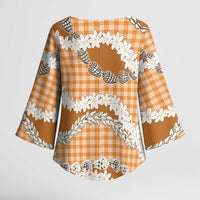 Orange Hawaii Tiare and Shell Lei Kimono Sleeve Blouse Hawaiian Palaka Luxury Vibes LT14 - Polynesian Pride