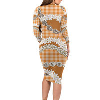 Orange Hawaii Tiare and Shell Lei Long Sleeve Bodycon Dress Hawaiian Palaka Luxury Vibes - Polynesian Pride
