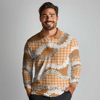 Orange Hawaii Tiare and Shell Lei Long Sleeve Polo Shirt Hawaiian Palaka Luxury Vibes LT14 - Polynesian Pride