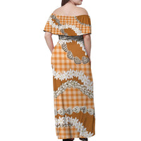 Orange Hawaii Tiare and Shell Lei Off Shoulder Maxi Dress Hawaiian Palaka Luxury Vibes - Polynesian Pride