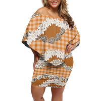 Orange Hawaii Tiare and Shell Lei Off Shoulder Short Dress Hawaiian Palaka Luxury Vibes - Polynesian Pride