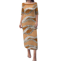 Orange Hawaii Tiare and Shell Lei Puletasi Hawaiian Palaka Luxury Vibes LT14 Long Dress Orange - Polynesian Pride