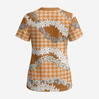 Orange Hawaii Tiare and Shell Lei Scrub Top Hawaiian Palaka Luxury Vibes LT14 - Polynesian Pride