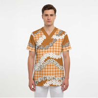 Orange Hawaii Tiare and Shell Lei Scrub Top Hawaiian Palaka Luxury Vibes LT14 - Polynesian Pride