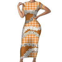 Orange Hawaii Tiare and Shell Lei Short Sleeve Bodycon Dress Hawaiian Palaka Luxury Vibes LT14 Long Dress Orange - Polynesian Pride