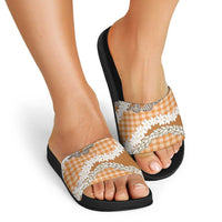 Orange Hawaii Tiare and Shell Lei Slide Sandals Hawaiian Palaka Luxury Vibes - Polynesian Pride