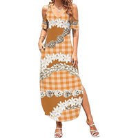 Orange Hawaii Tiare and Shell Lei Summer Maxi Dress Hawaiian Palaka Luxury Vibes LT14 Women Orange - Polynesian Pride
