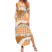 Orange Hawaii Tiare and Shell Lei Summer Maxi Dress Hawaiian Palaka Luxury Vibes - Polynesian Pride