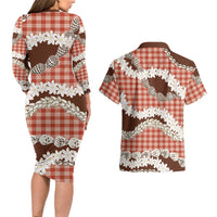 Red Hawaii Tiare and Shell Lei Couples Matching Long Sleeve Bodycon Dress and Hawaiian Shirt Hawaiian Palaka Luxury Vibes - Polynesian Pride