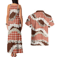 Red Hawaii Tiare and Shell Lei Couples Matching Tank Maxi Dress and Hawaiian Shirt Hawaiian Palaka Luxury Vibes - Polynesian Pride