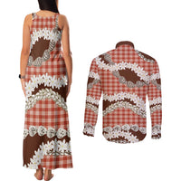 Red Hawaii Tiare and Shell Lei Couples Matching Tank Maxi Dress and Long Sleeve Button Shirt Hawaiian Palaka Luxury Vibes - Polynesian Pride