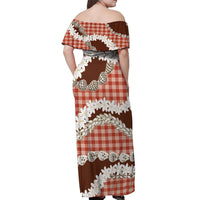 Red Hawaii Tiare and Shell Lei Off Shoulder Maxi Dress Hawaiian Palaka Luxury Vibes - Polynesian Pride