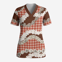 Red Hawaii Tiare and Shell Lei Scrub Top Hawaiian Palaka Luxury Vibes LT14 Adult Red - Polynesian Pride