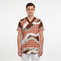 Red Hawaii Tiare and Shell Lei Scrub Top Hawaiian Palaka Luxury Vibes LT14 - Polynesian Pride