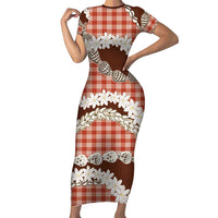Red Hawaii Tiare and Shell Lei Short Sleeve Bodycon Dress Hawaiian Palaka Luxury Vibes LT14 Long Dress Red - Polynesian Pride