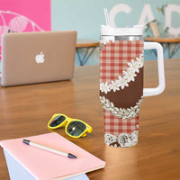 Red Hawaii Tiare and Shell Lei Tumbler With Handle Hawaiian Palaka Luxury Vibes - Polynesian Pride