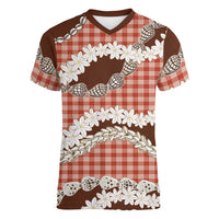 Red Hawaii Tiare and Shell Lei Women V-Neck T-Shirt Hawaiian Palaka Luxury Vibes LT14 Female Red - Polynesian Pride